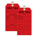 A package of 25 red cardstock Avery 5S hang tags with black text that says "Red Tag" on them.