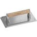 An aluminum steak weight with a metal and wood handle.