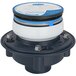 A round black and white Zurn floor drain strainer with a blue circle in the center.