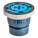 A Zurn PVC cleanout with a square nickel bronze cover and a blue and white plastic pipe with a cross.