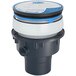 A Zurn floor drain with a blue and white circular stainless steel head.