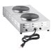 An Avantco stainless steel double burner portable electric hot plate on a counter.