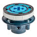 A blue and white Zurn PVC floor drain with a nickel bronze strainer and circular top with a cross.