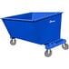 A blue self-dumping forklift hopper with wheels.