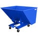 A blue Jescraft self-dumping hopper with wheels.