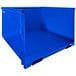 A blue metal Jescraft trash hopper with a white background.