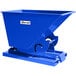 A blue metal Jescraft self-dumping hopper with bumper release.
