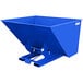 A blue steel self-dumping forklift hopper with bumper release.