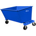 A blue Jescraft self-dumping hopper with black wheels.