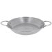 A silver de Buyer carbon steel paella pan with handles.