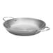 A silver de Buyer carbon steel paella pan with handles.