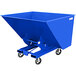 A blue steel self-dumping hopper with wheels.