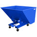 A blue Jescraft self-dumping hopper on wheels.