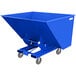 A blue Jescraft self-dumping hopper with wheels.