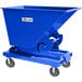 A blue steel self-dumping forklift hopper with wheels.