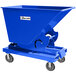A blue self-dumping hopper with wheels.