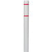 A white bollard cover with red reflective stripes.