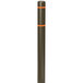 A brown metal Innoplast bollard cover with orange reflective stripes and white stripe.