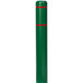 A green cylindrical bollard cover with red reflective stripes.