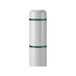 A white cylindrical bollard cover with a green stripe and green reflective stripes.