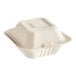 A white square EcoChoice bagasse container with a square lid.