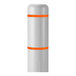 A white cylindrical bollard cover with orange stripes.