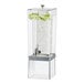 A clear, rectangular 3-gallon beverage dispenser with a silver accent, ice chamber, and spigot.