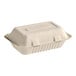 An EcoChoice natural bagasse take-out container with a lid.