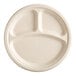 An EcoChoice natural bagasse paper plate with three sections.