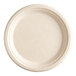 An EcoChoice bagasse plate with a white surface and rim.