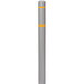 An Innoplast grey bollard cover with yellow reflective stripes over a grey bollard.