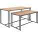 Two metal tables with maple tone tops and metal legs.