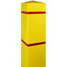 A yellow bollard cover with red reflective stripes.