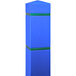 A rectangular blue bollard cover with green reflective stripes on top.