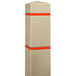 An Innoplast tan square bollard cover with orange and red stripes over a white post.