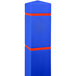 A blue BollardGard cover with red reflective stripes on a blue bollard.