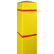 A yellow bollard cover with orange reflective stripes over a yellow bollard with orange reflective stripes.