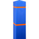 A blue bollard cover with orange reflective stripes over a blue bollard.