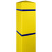 A yellow Innoplast bollard cover with blue reflective stripes on a square pillar.