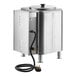 An Avantco stainless steel hot water dispenser with a black hose and a lid.