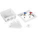 A white plastic Oatey washing machine outlet box with two valves and a hole.