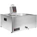 A Sammic SmartVide X sous vide immersion circulator head in a stainless steel container with a lid and a handle, on a counter.