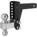 A black and silver Trailer Valet drop hitch with circles on the black metal.