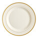 A white plate with a gold rim.