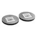 A pair of circular metal discs with a barcode label.