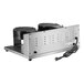 A silver and black Estella double waffle maker with two round black objects.