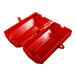 Two red Accuform plastic lockout boxes with handles.