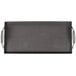 A rectangular black steel tray with metal handles.