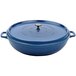 A cobalt blue enamel coated round brazier with a lid.