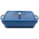 A cobalt blue enamel coated rectangular roasting pan with a lid.